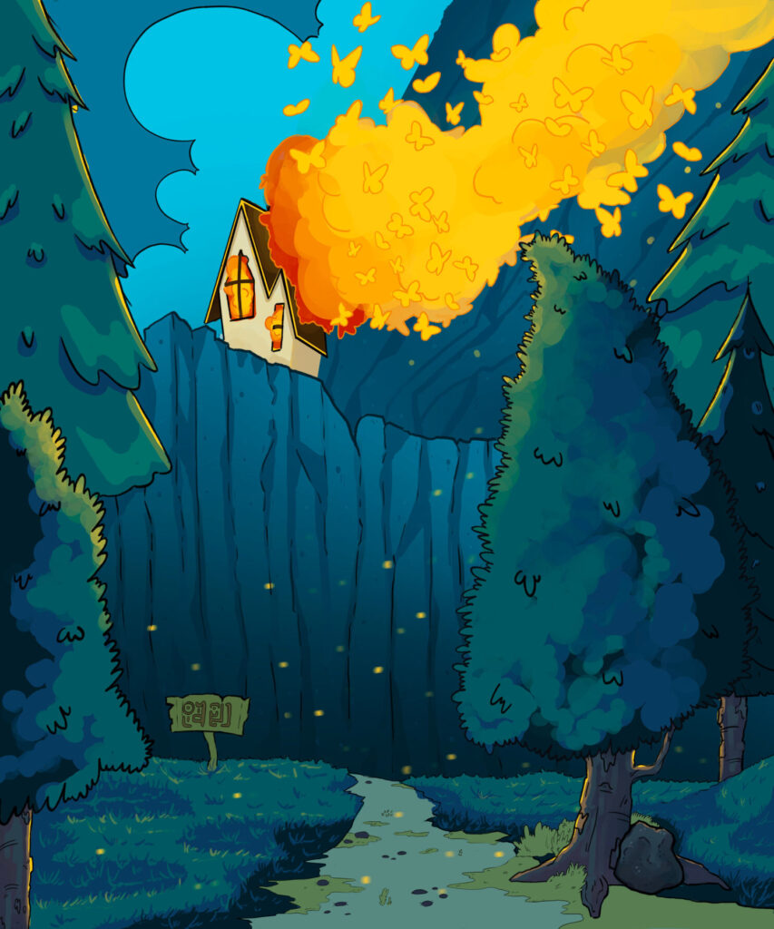 Fairytale house in the Illustrated style,   with orange smoke becoming butterflies 