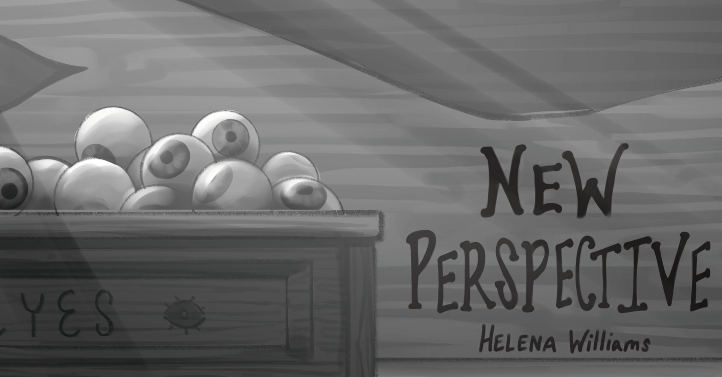 Black and white hand drawn 2D animation with a wooden box filled with glass eyeballs on the left with "yes" written on it and "New Perspective / Helena Williams" written on the right.