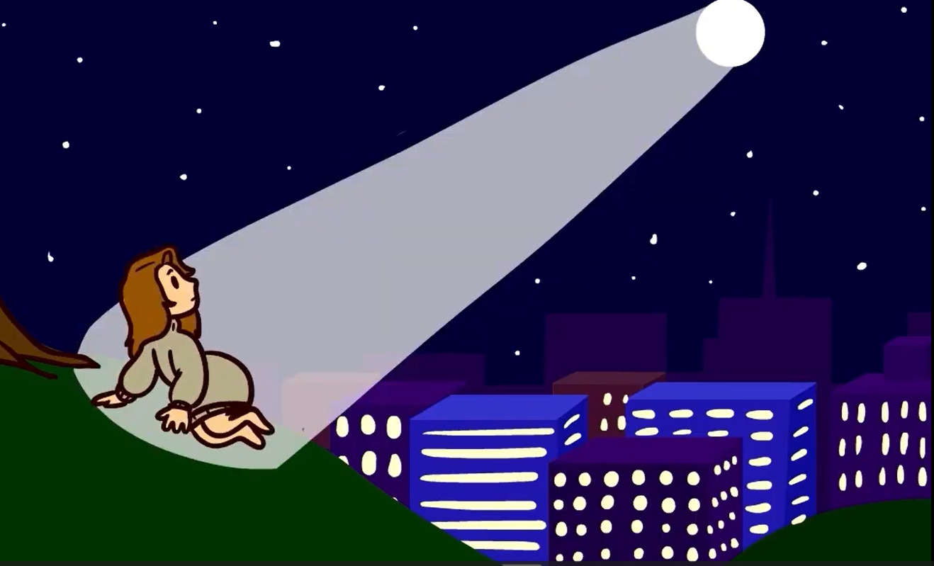 Hand drawn 2D animation depicting a young woman sitting up on a hill with the moon shining a spot light on her. In the background is a vague city scape